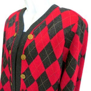 Vintage 70s Stuart Alan USA Cardigan Diamond Plaid Argyle Red Gray Preppy XL